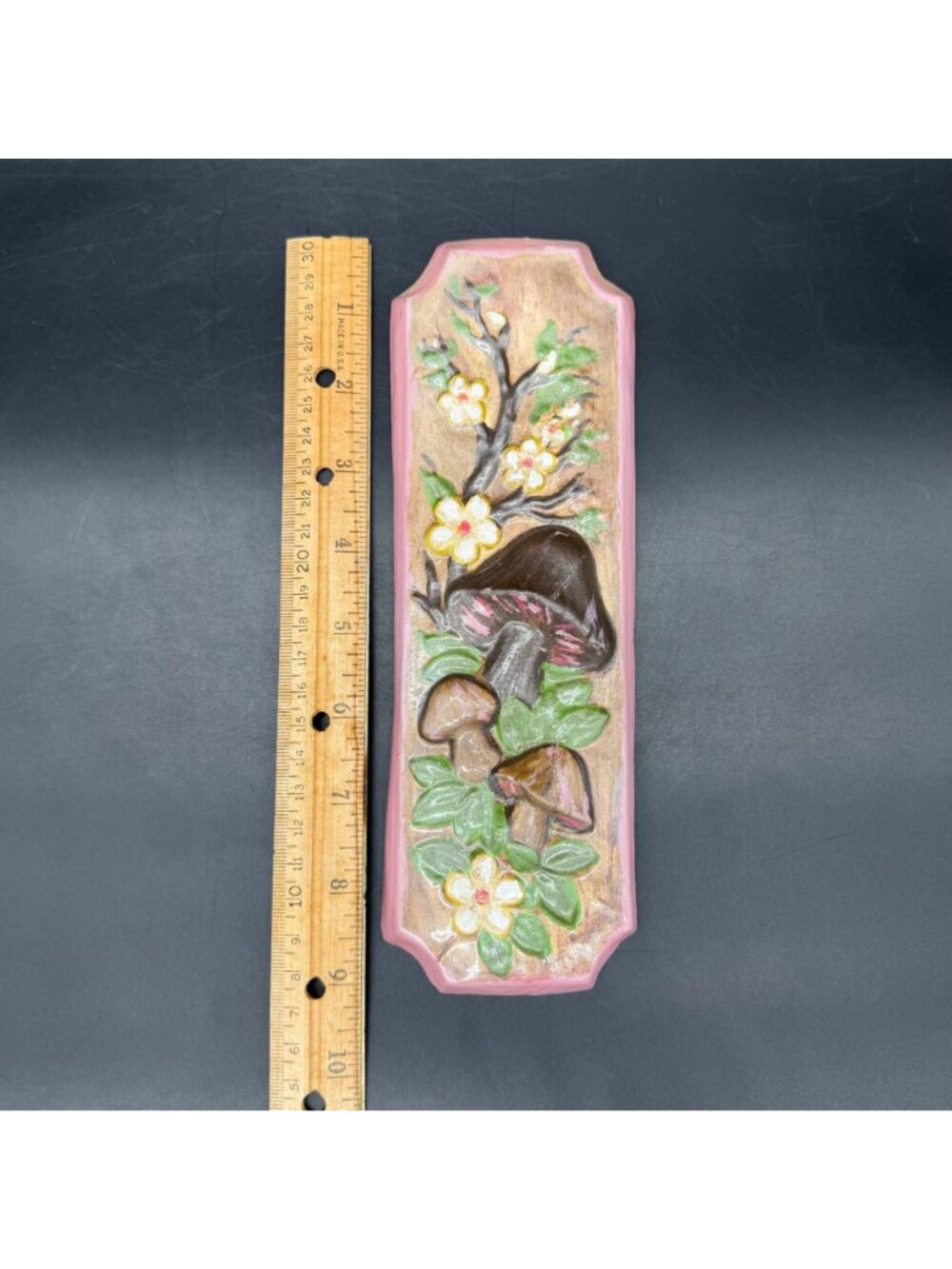 Vintage Mushrooms Flowers Wall Hanging Plaque Chalkware 70s Pink Brown Botanical - Picture 6 of 7